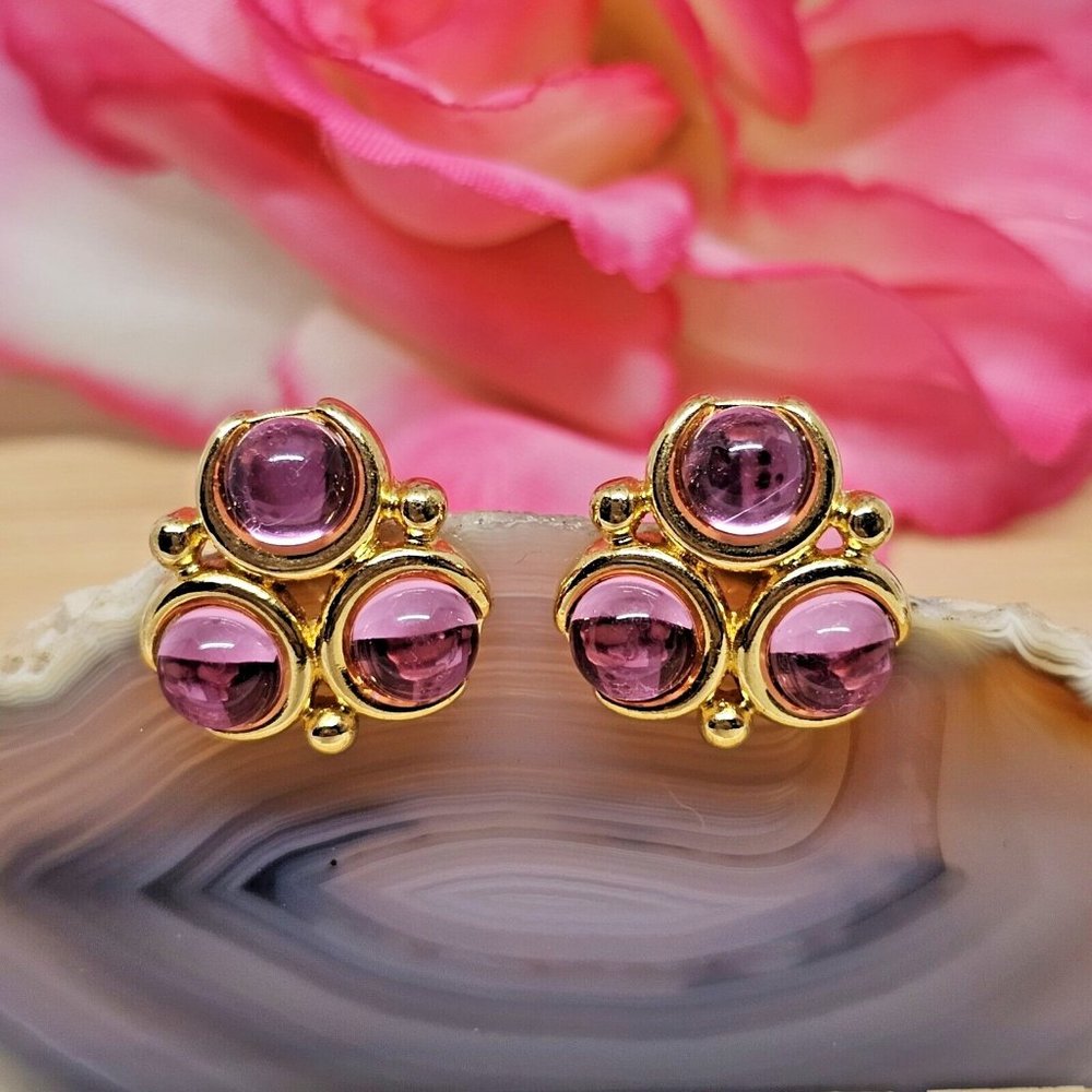 Vintage Trifari TM Signed Gold Tone Pink Cabochon Jelly Lucite Pierced Earrings